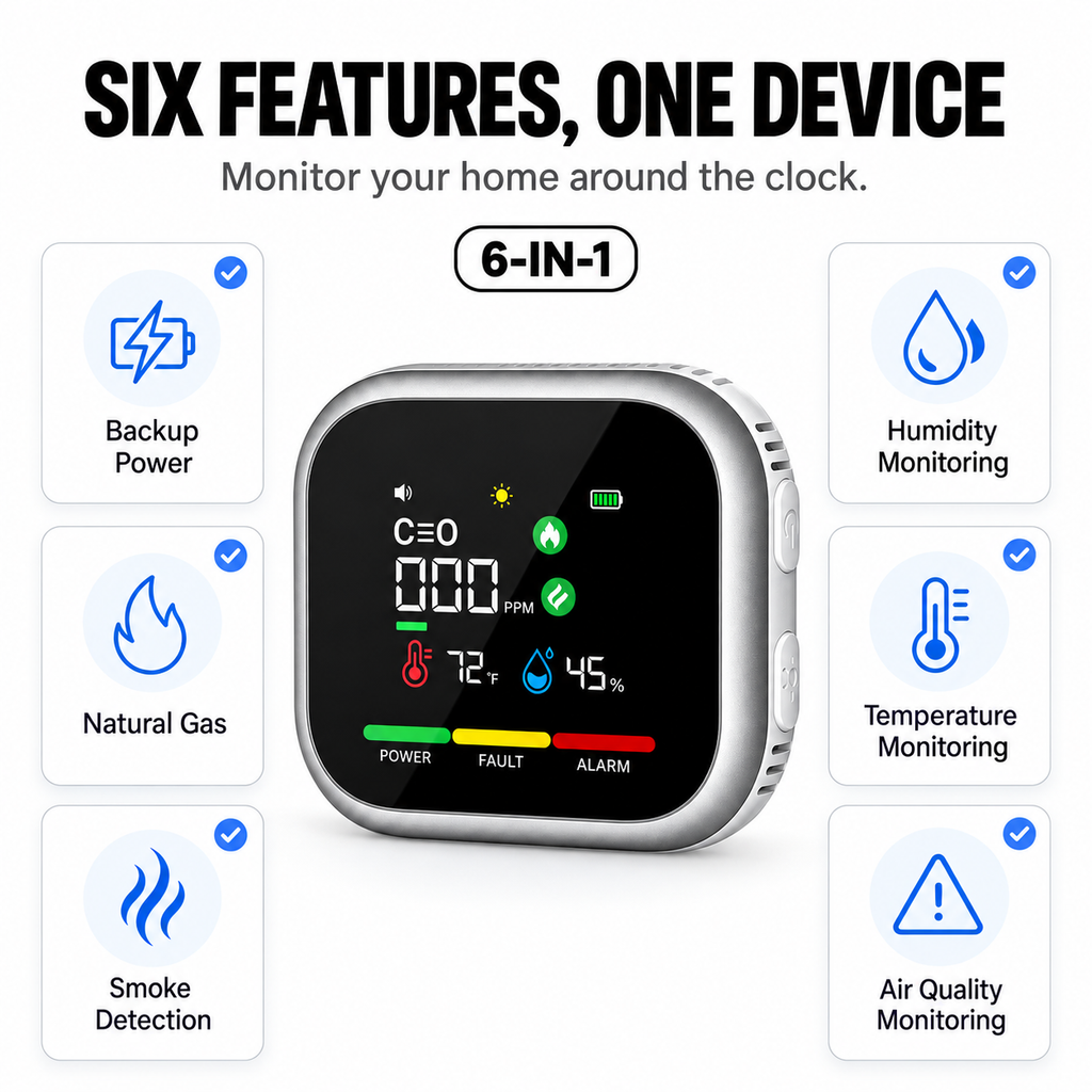 6-in-1 Gas, Smoke & Air Quality Detector